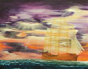 Andrea Walla: Geisterschiff mit Sonnen (&Ouml;l auf Holz)